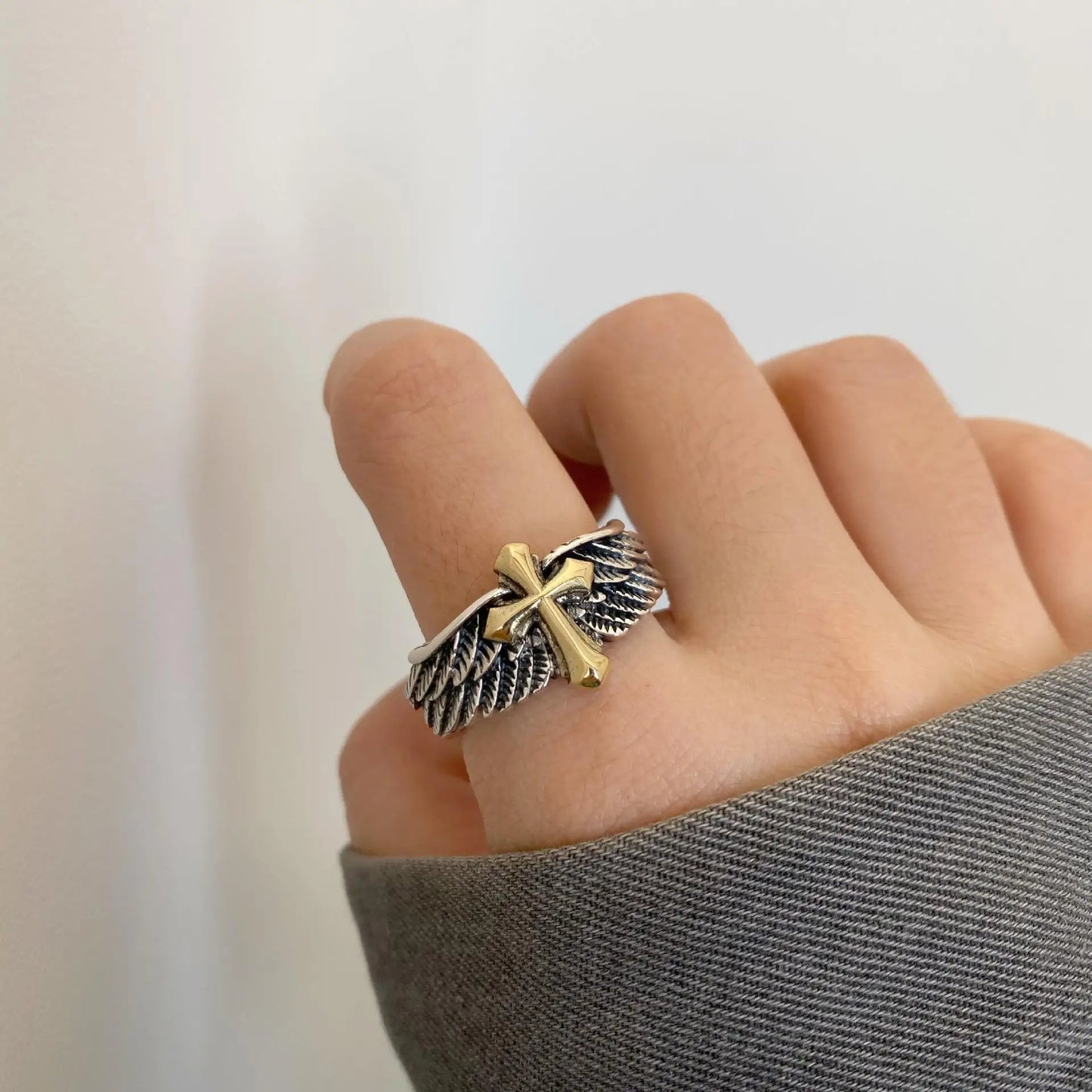 Cross Feather Graffiti Ring