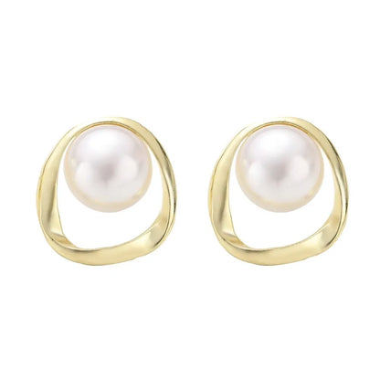 Gold Round Stud Earrings with Imitation Pearls