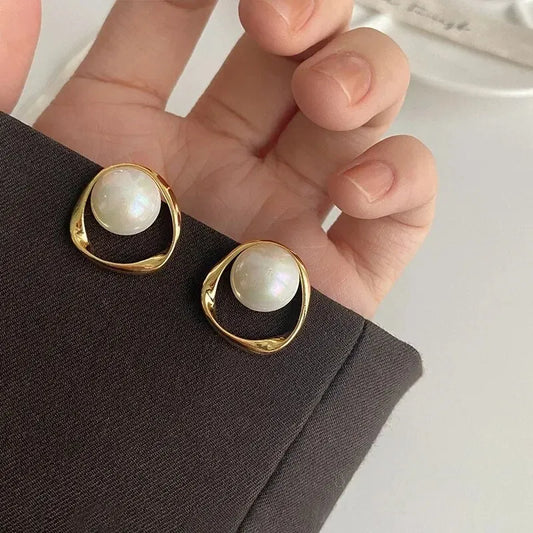 Gold Round Stud Earrings with Imitation Pearls