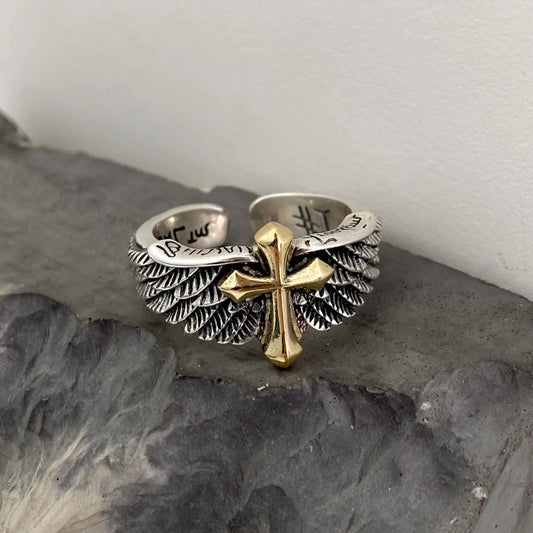 Cross Feather Graffiti Ring
