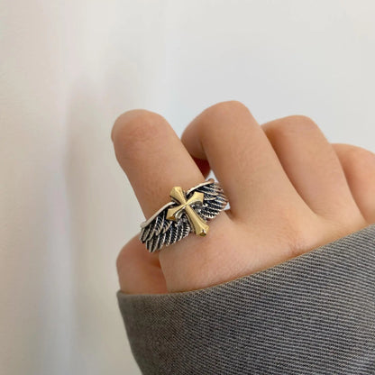 Cross Feather Graffiti Ring