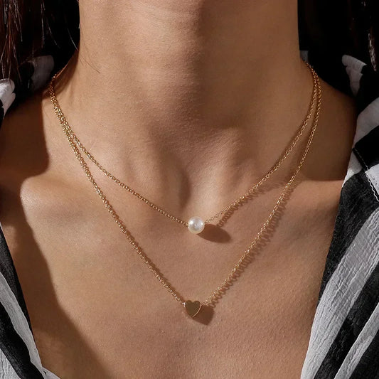 Layered Golden Heart & Pearl Necklace